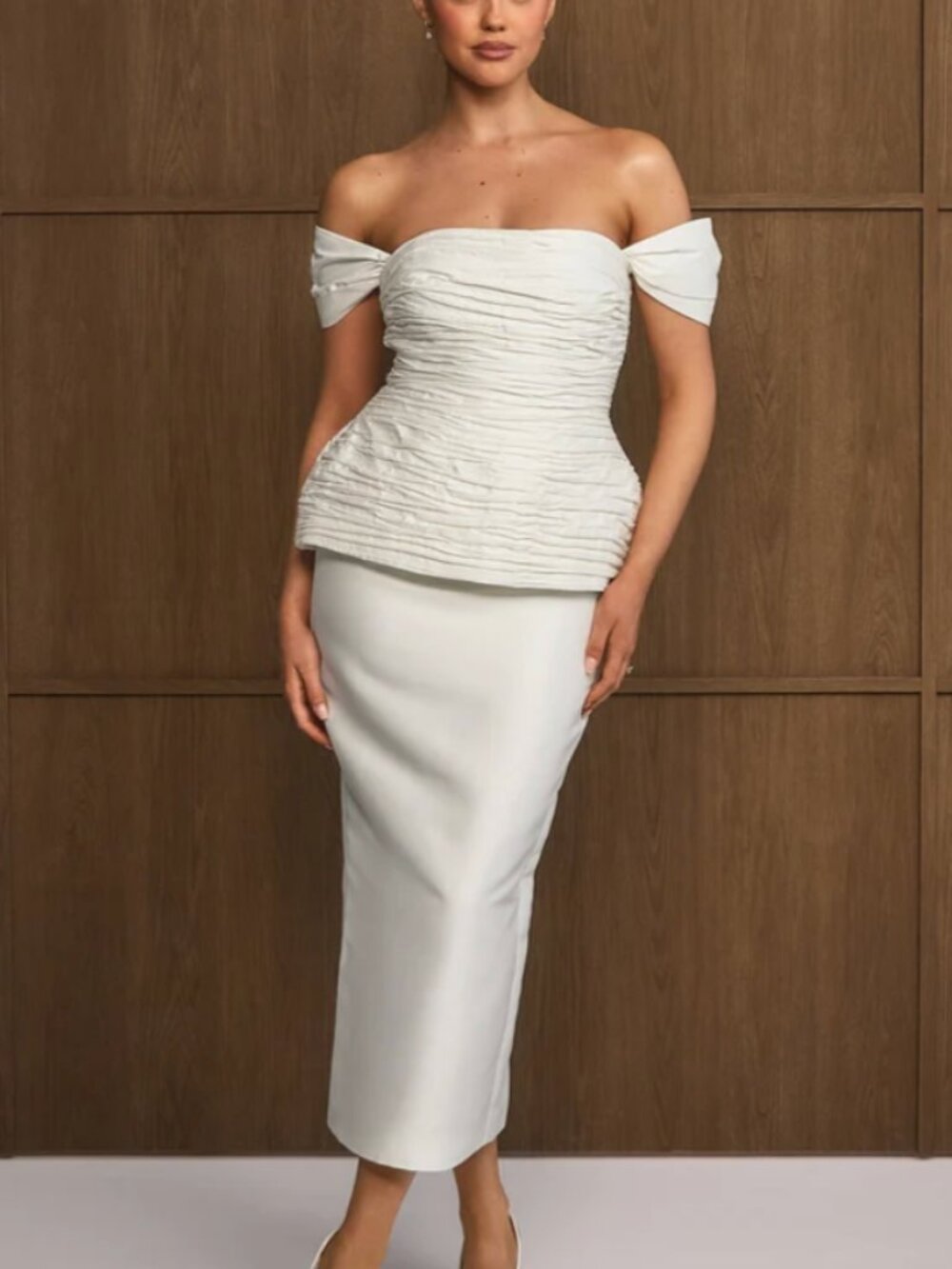 BLAIR Bardot Peplum Midi Dress - Ivory